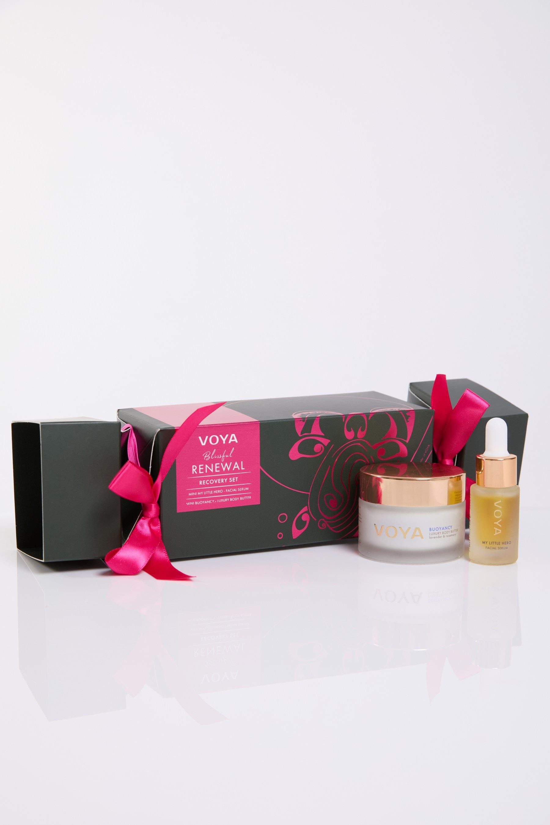 VOYA Blissful Renewal Holiday Cracker on a white background with both mini products featured.