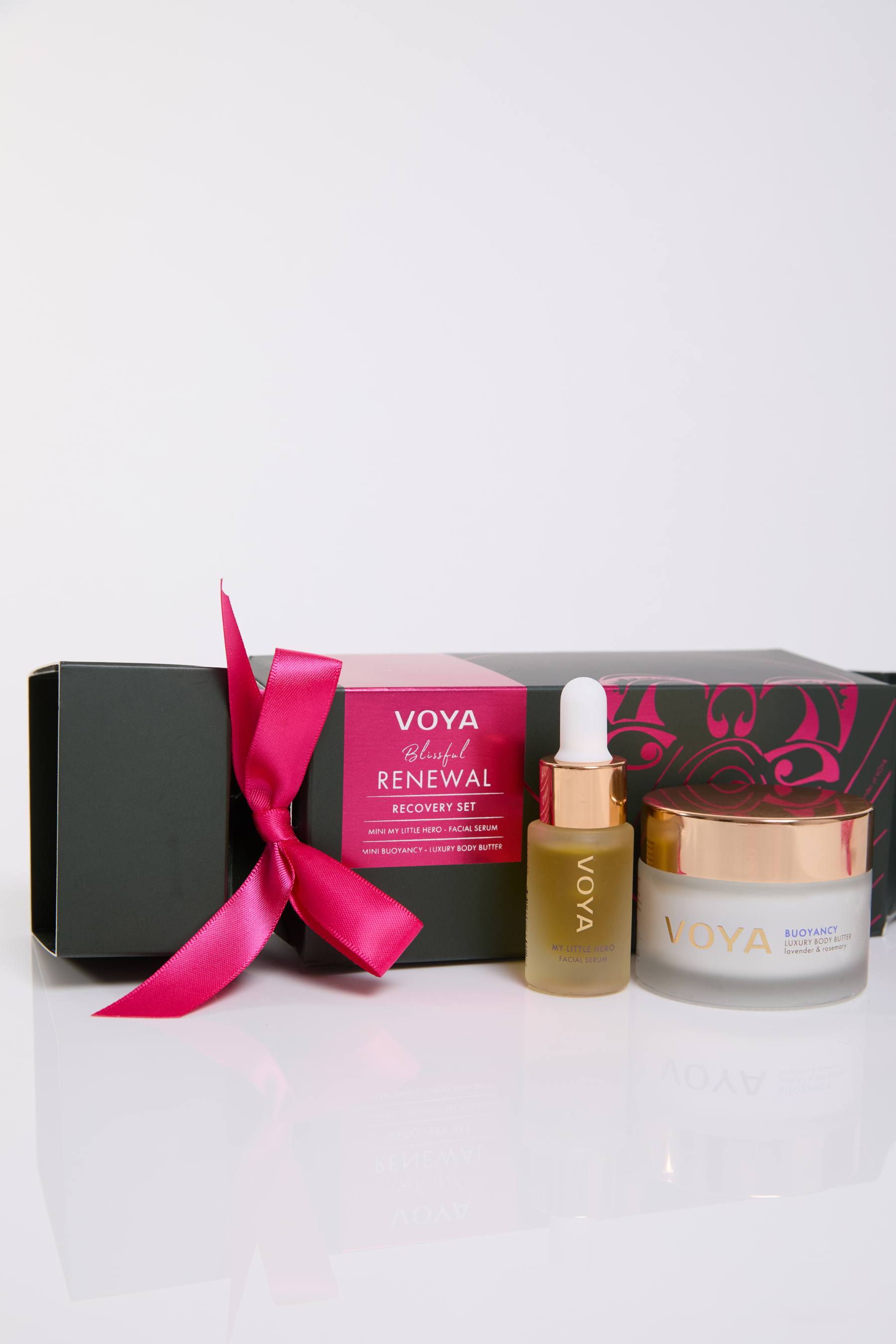 Blissful Renewal Duo Cracker featuring mini versions of My Little Hero Face Serum and Buoyancy Luxury Body butter