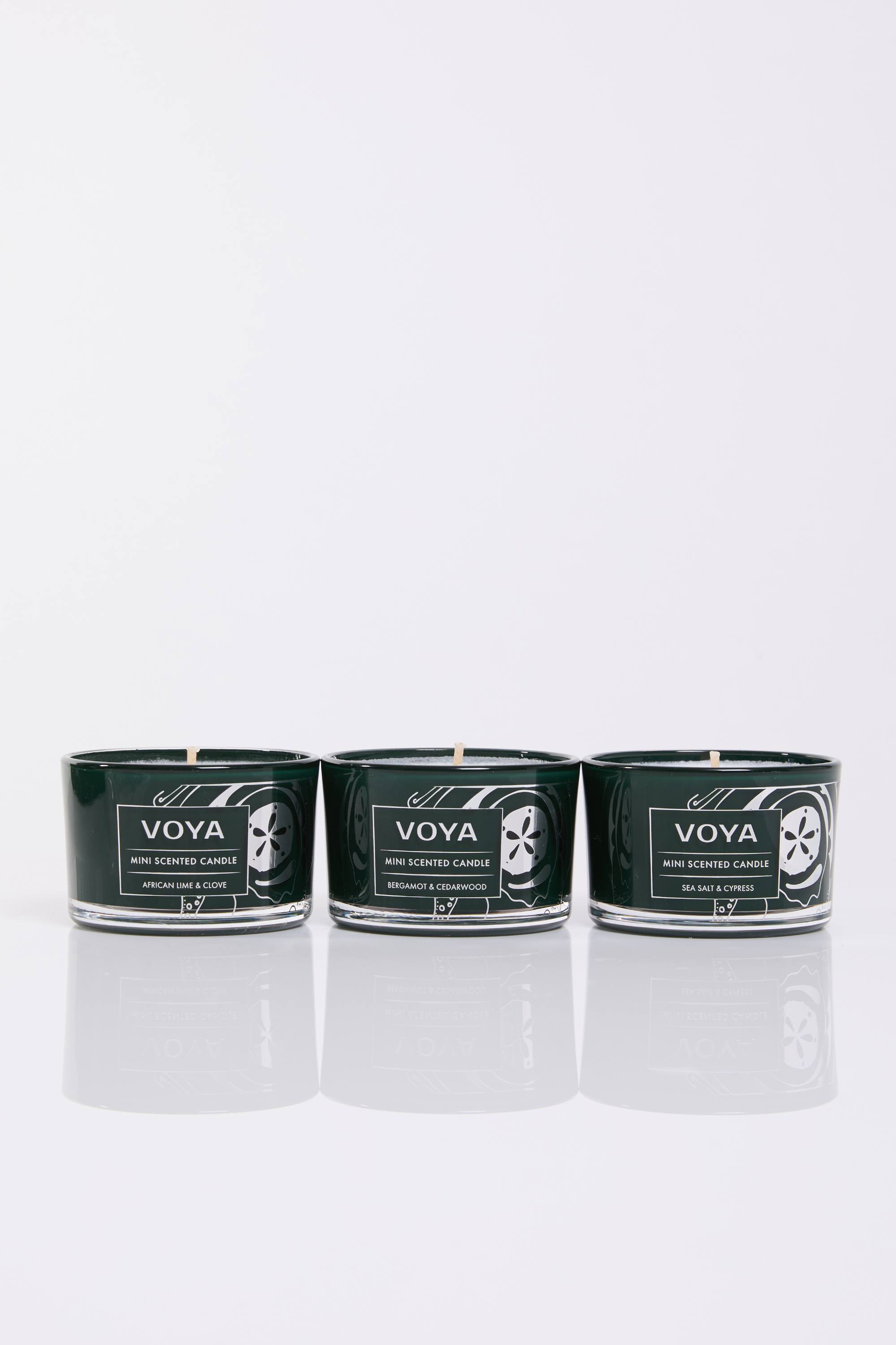VOYA Blissful Sparks Mini Trio of Scented Candles on white backdrop