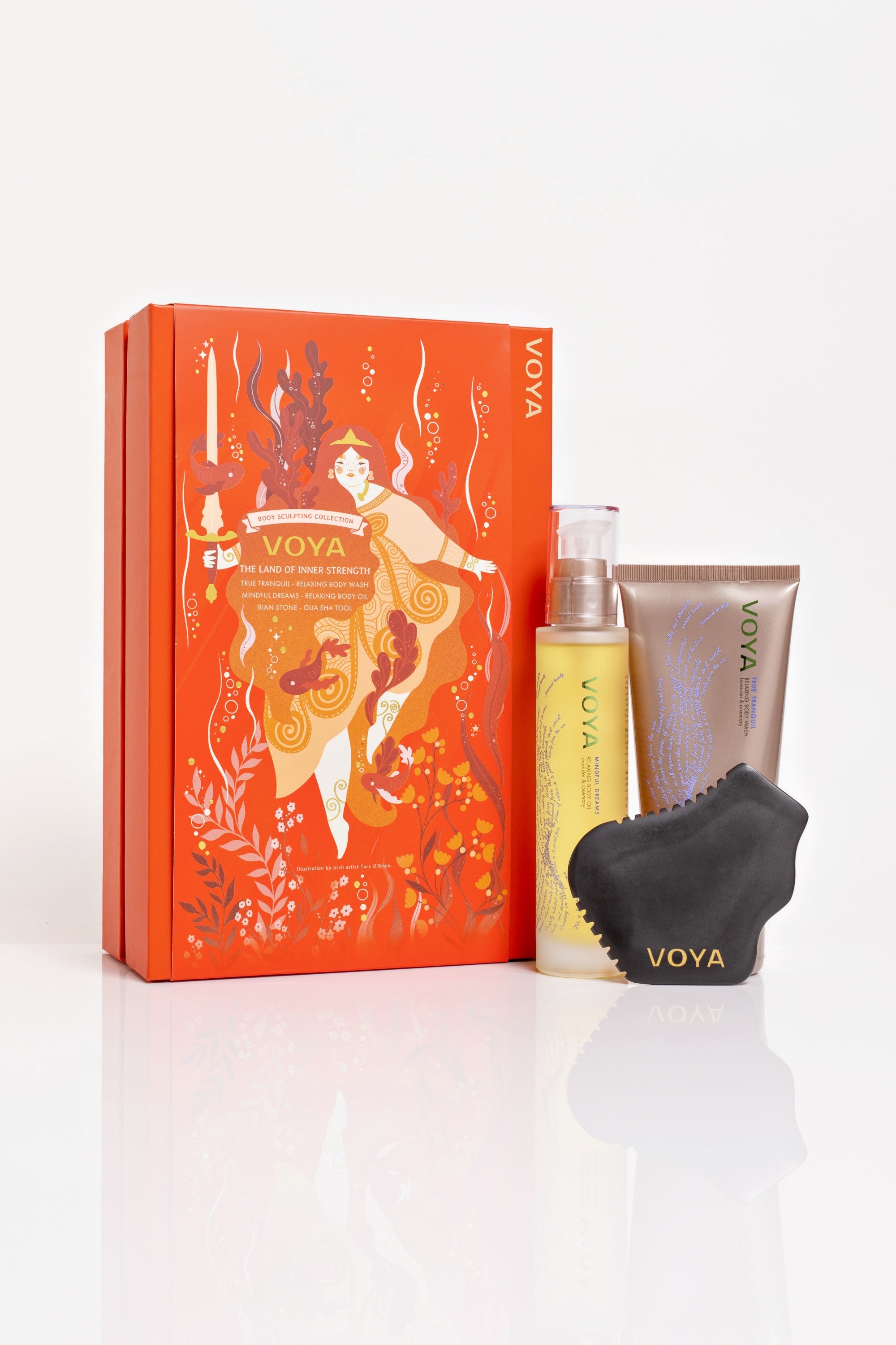 Voya christmas gift set with body wash, body oil and gua sha