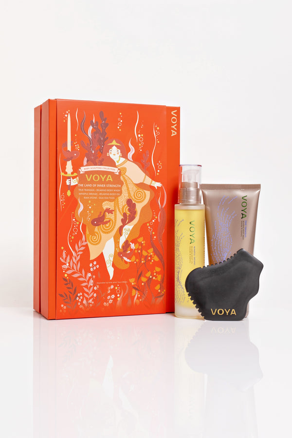 Voya christmas gift set with body wash, body oil and gua sha