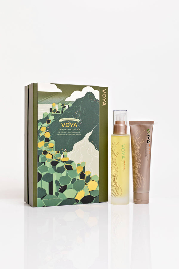 Voya body care set containing feel the heat warming gel and serenergise body oil