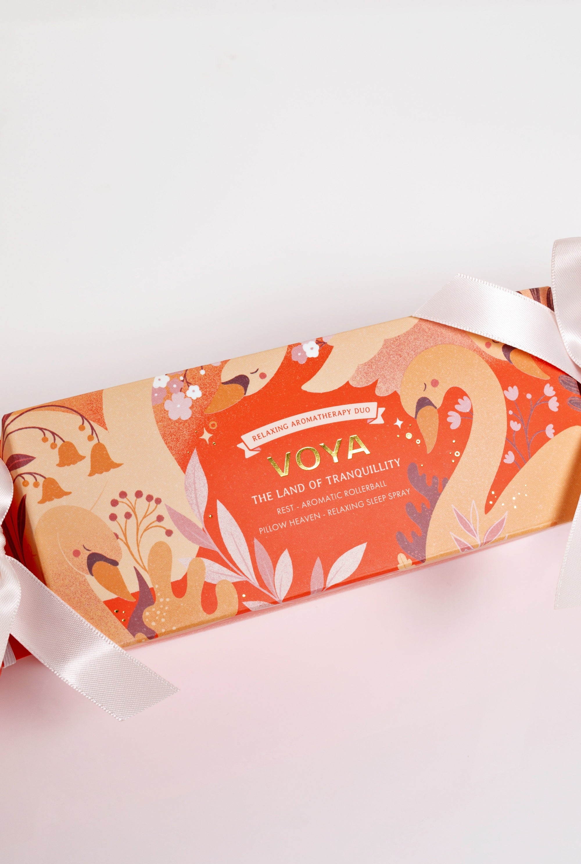 Voya Christmas cracker with roller ball and sleep spray close up