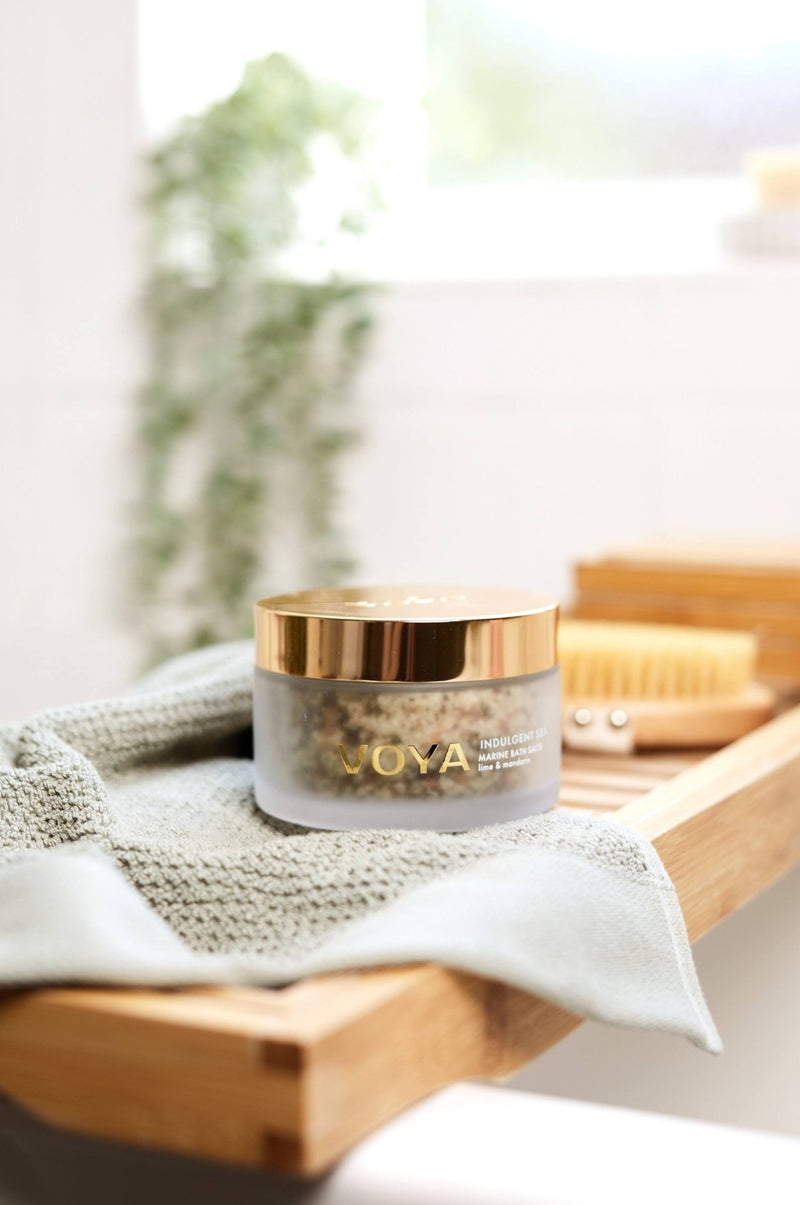 voya indulgent sea epsom bath salts on bath tray