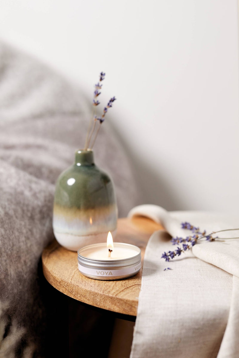 Voya Lavender, Rose & Camomile Mini Scented Candle by bedside